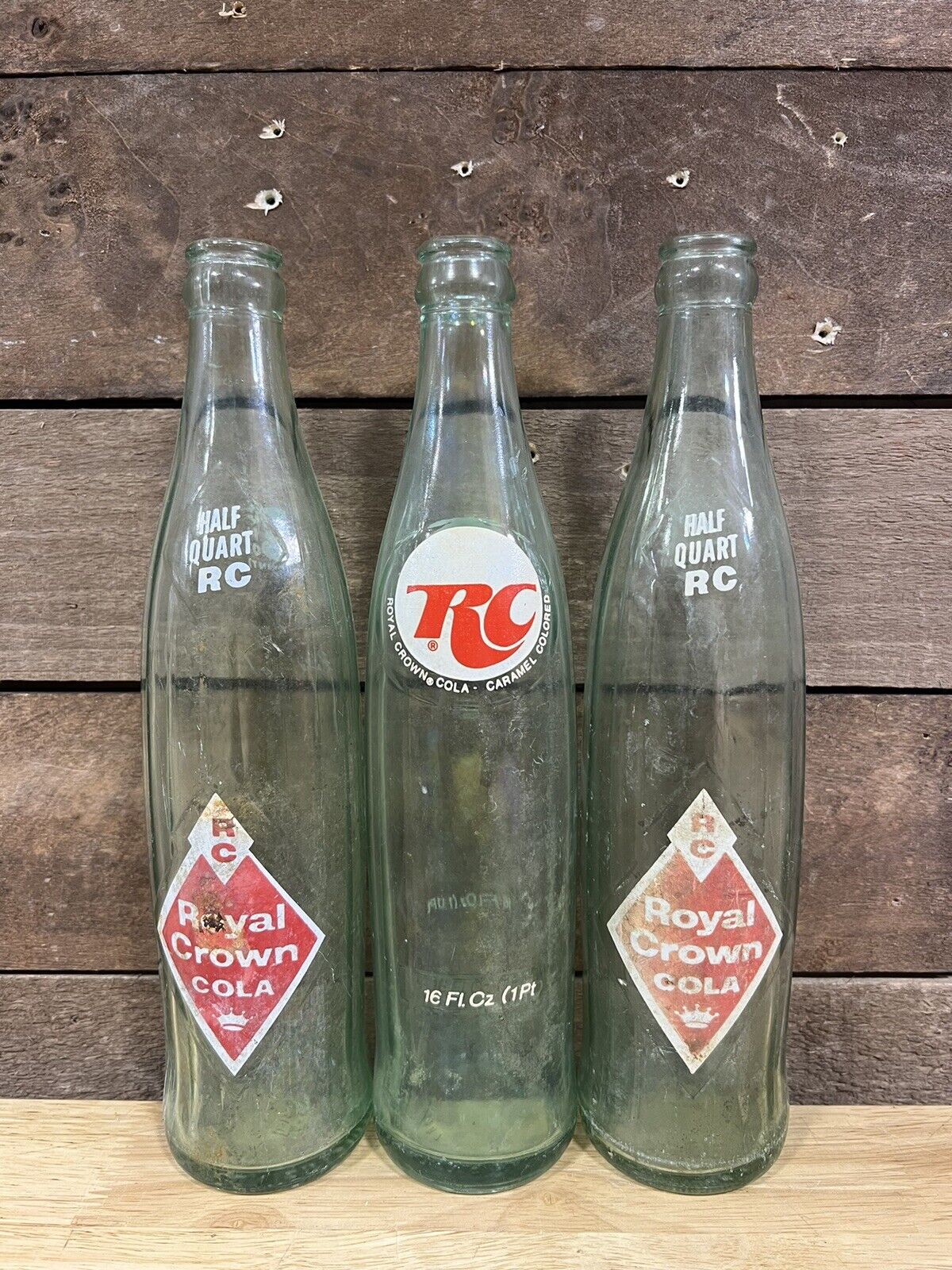 Vintage Lot Of 3 Glass Rc Cola Bottles Royal Crown