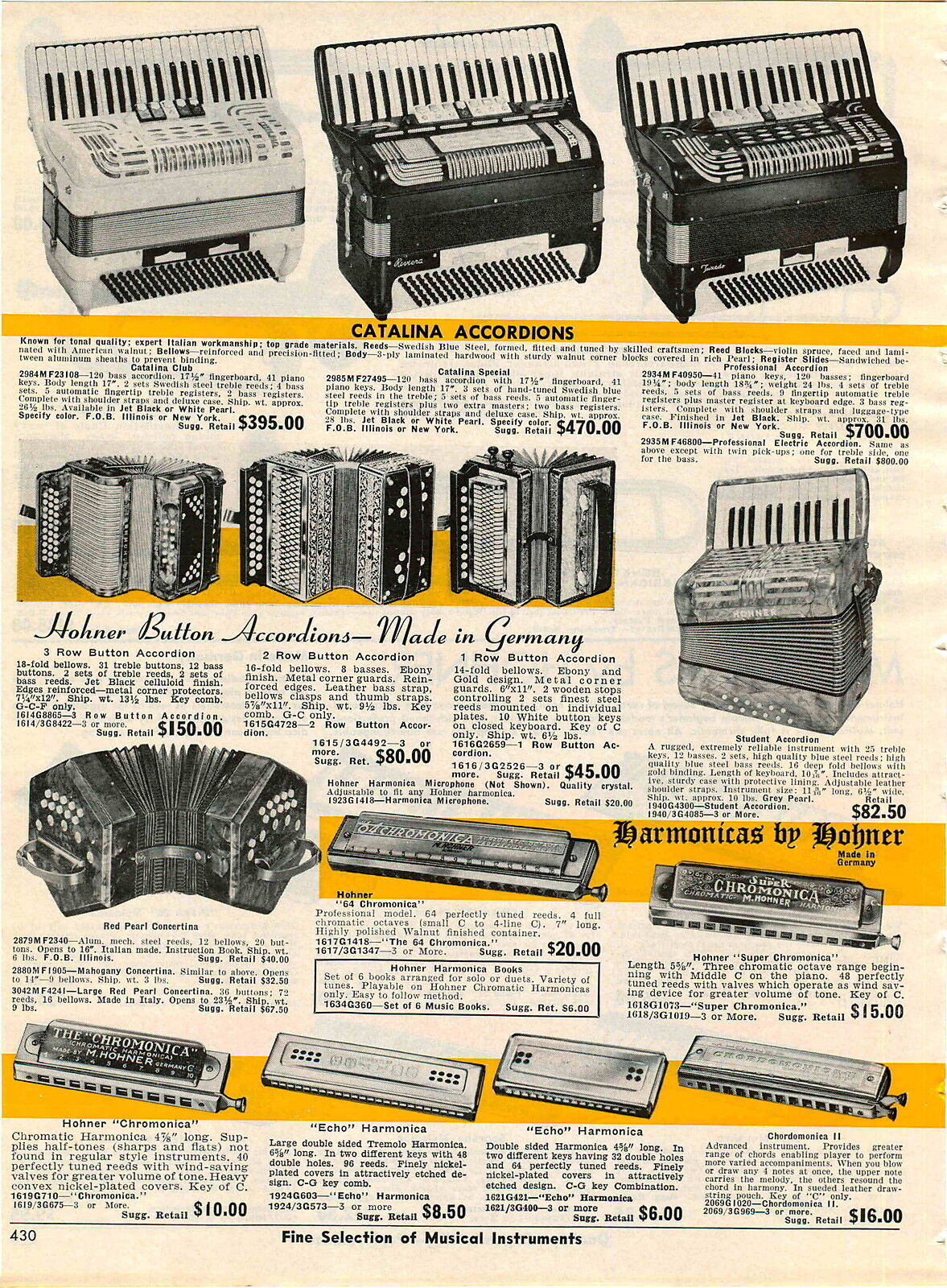 1967 ADVERT Catalina Professional Accordions Hohner Button German Harmonicas