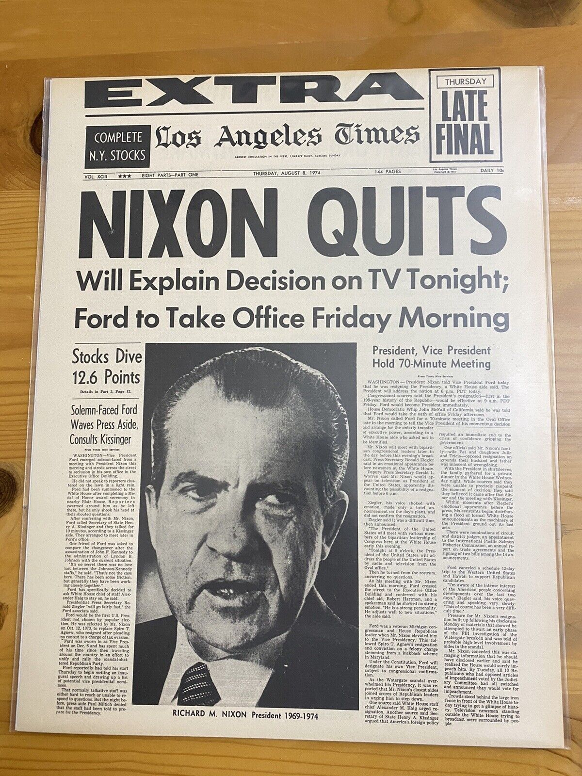 VINTAGE NEWSPAPER HEADLINE ~IMPEACHED NIXON RESIGNS QUITS FORD US PRESIDENT 1974