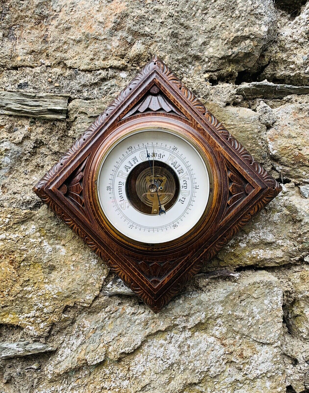 Beautiful Carved Oak English Early 20thC Aneroid Barometer