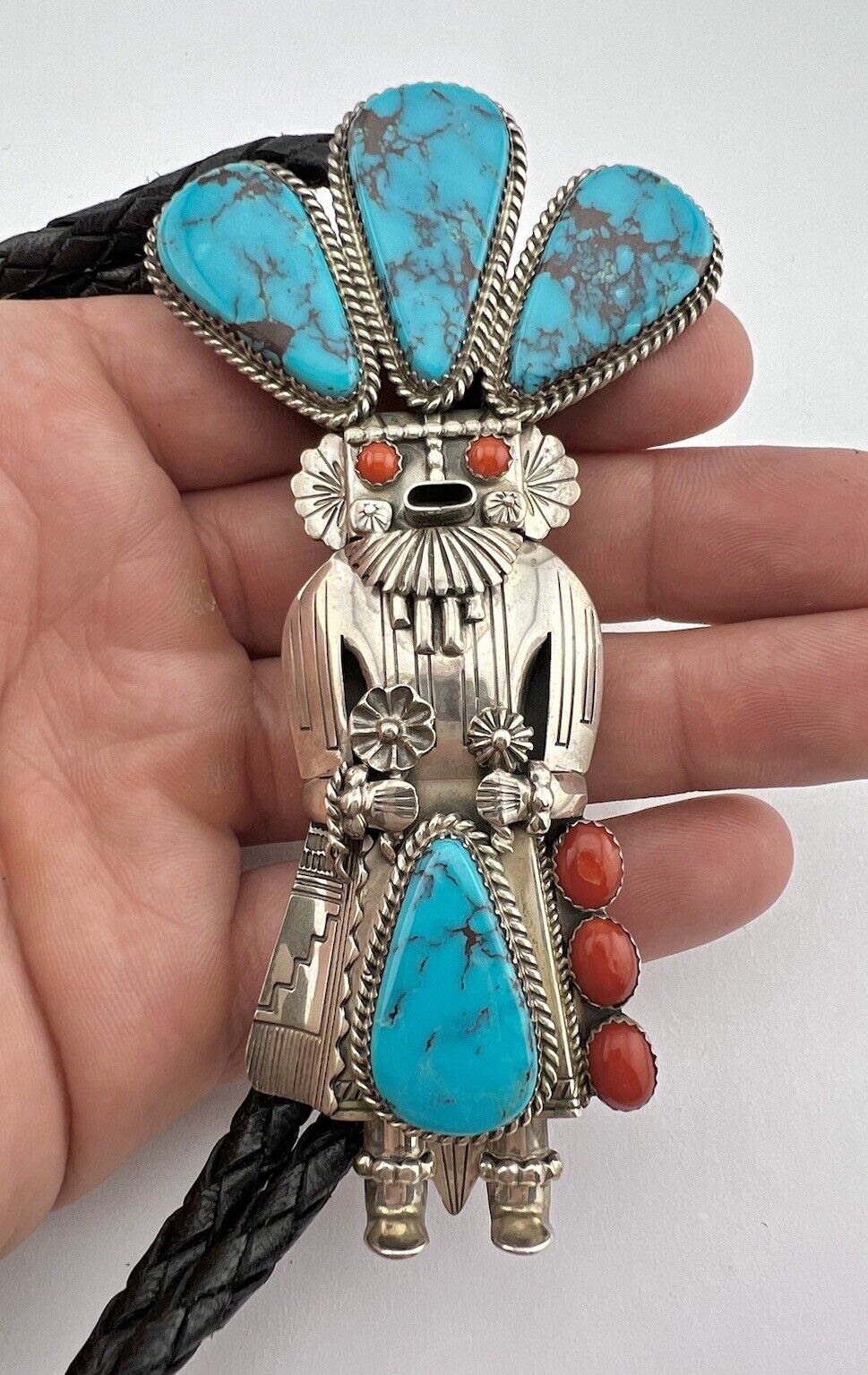 THOMAS BYRD Navajo Bisbee Turquoise Coral Sterling Silver Kachina Bolo Tie 4.25\