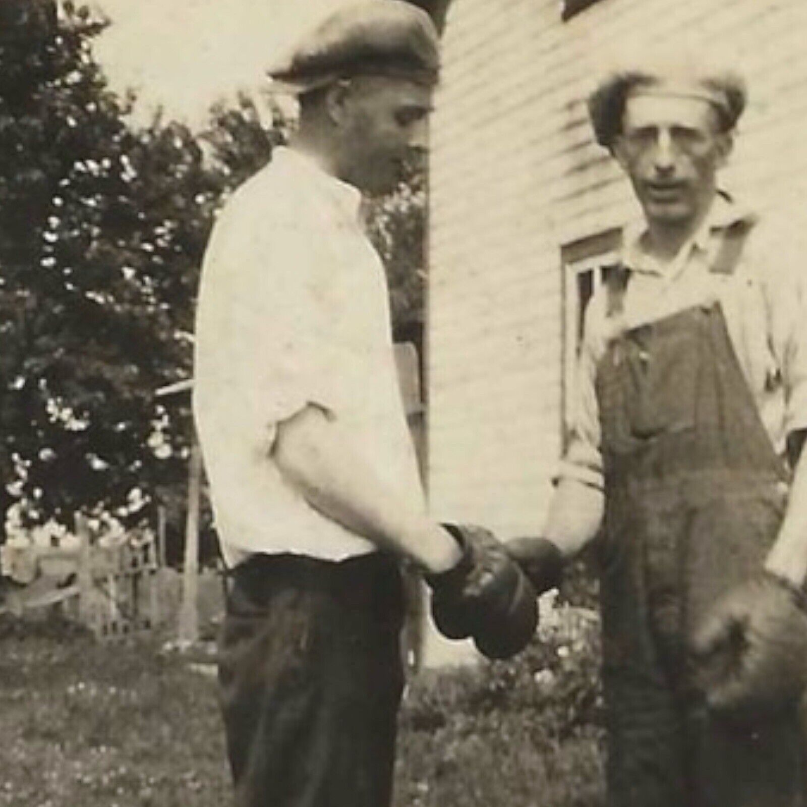 Vintage Snapshot Photo Two Men Shaking Hands Wearing Boxing Gloves Overalls