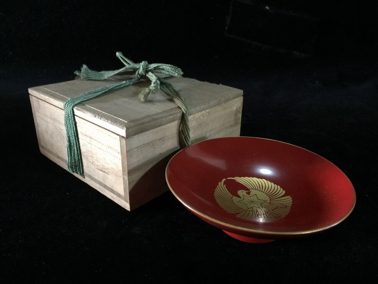 R0288 Japanese Wooden Sake Cup SAKAZUKI Vintage Storage Box Ribbon Liquor