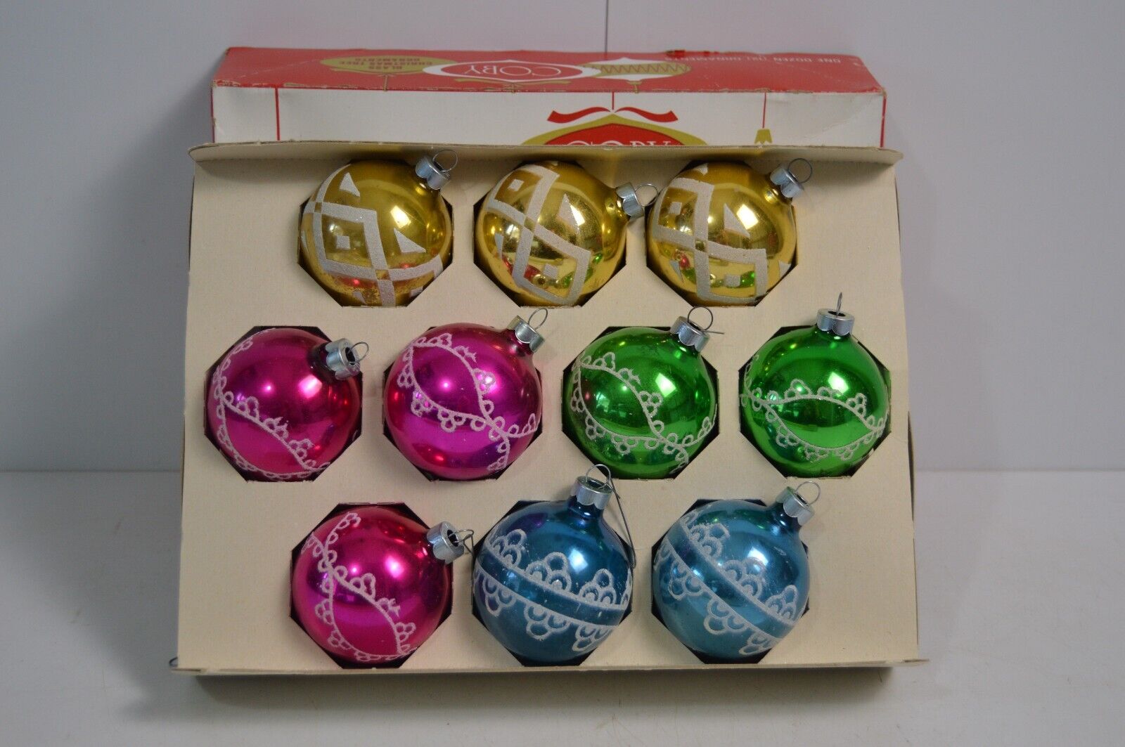 12 Vintage Coby Glass Christmas Tree Ornaments With Box Glitter Lace Geometrics