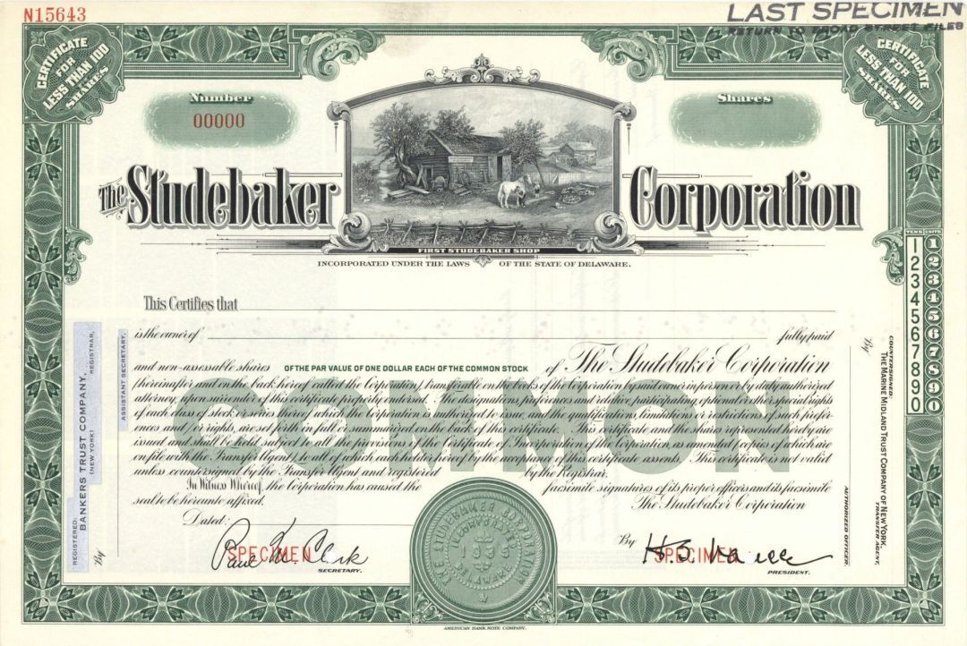 Studebaker Corp. - Specimen Stock Certificate - Specimen Stocks & Bonds