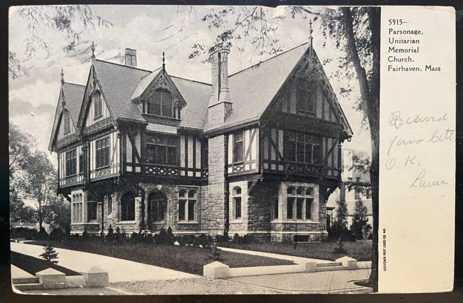 Vintage Postcard 1908 Unitarian Memorial Church Parsonage, Fairhaven (MA)