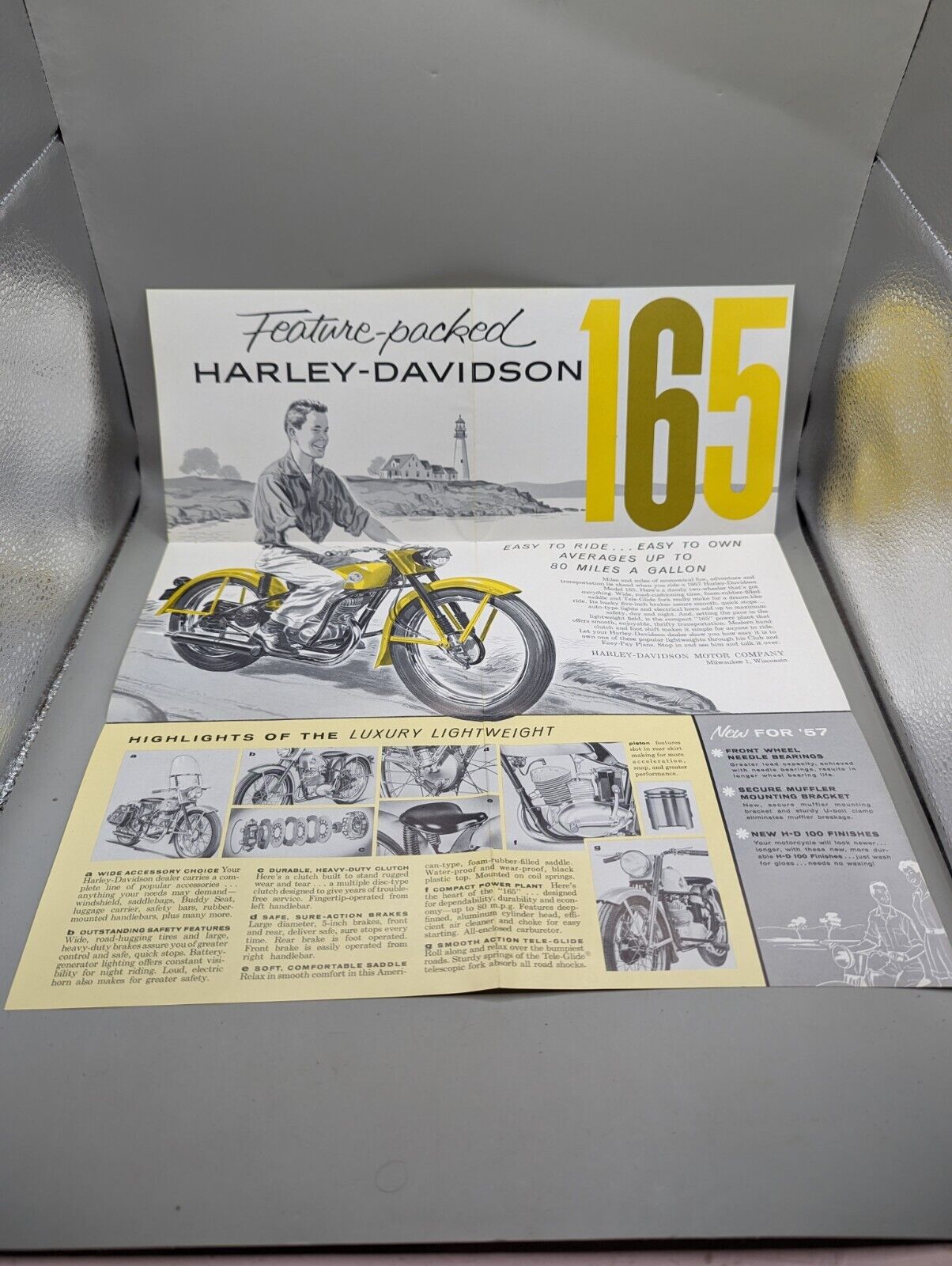 Vintage 1957 Harley-Davidson Model 165 Motorcycle Fold Out Brochure / Poster