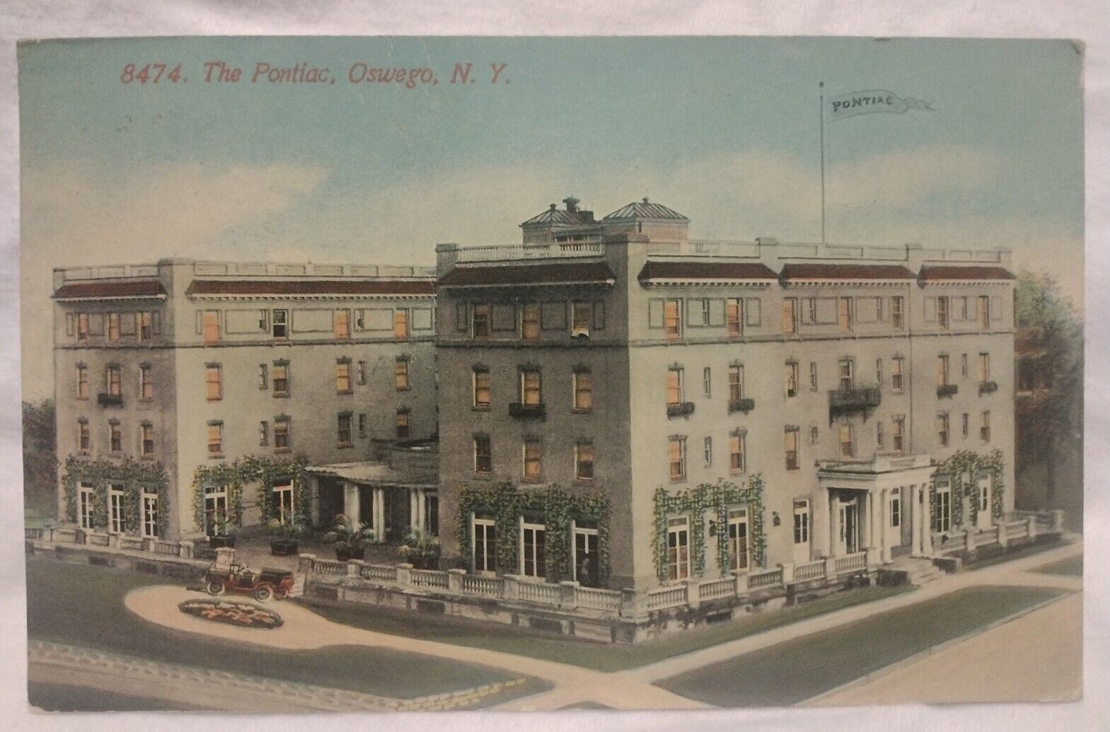 The Pontiac Oswego New York Birds Eye View Old Car Cancel Antique Postcard