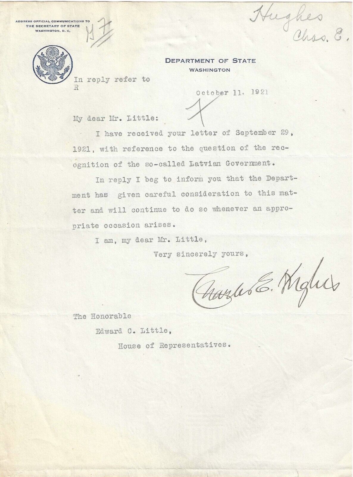 Secretary of State Hughes Agrees To Consider U.S. Position On Latvia In 1921