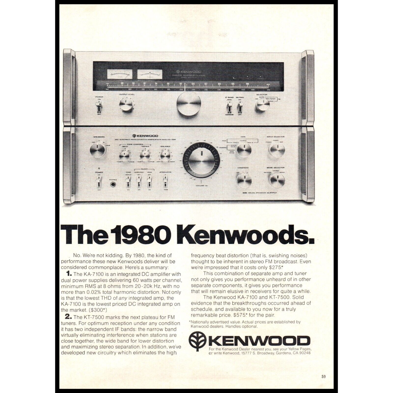 1978 Kenwood KA-7100 Stereo Receiver Vintage Print Ad Audiophile 1980 Kenwoods