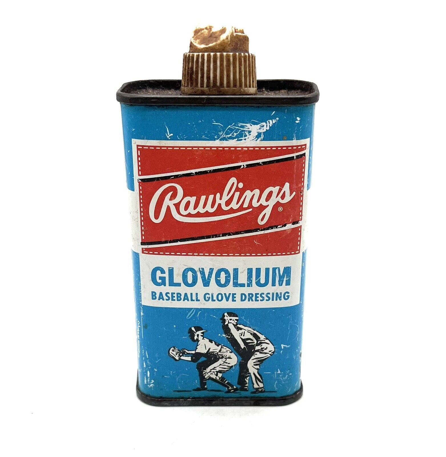Vintage 1960s Rawlings GLOVOLIUM Baseball Glove Dressing Advertising Tin OIL Can