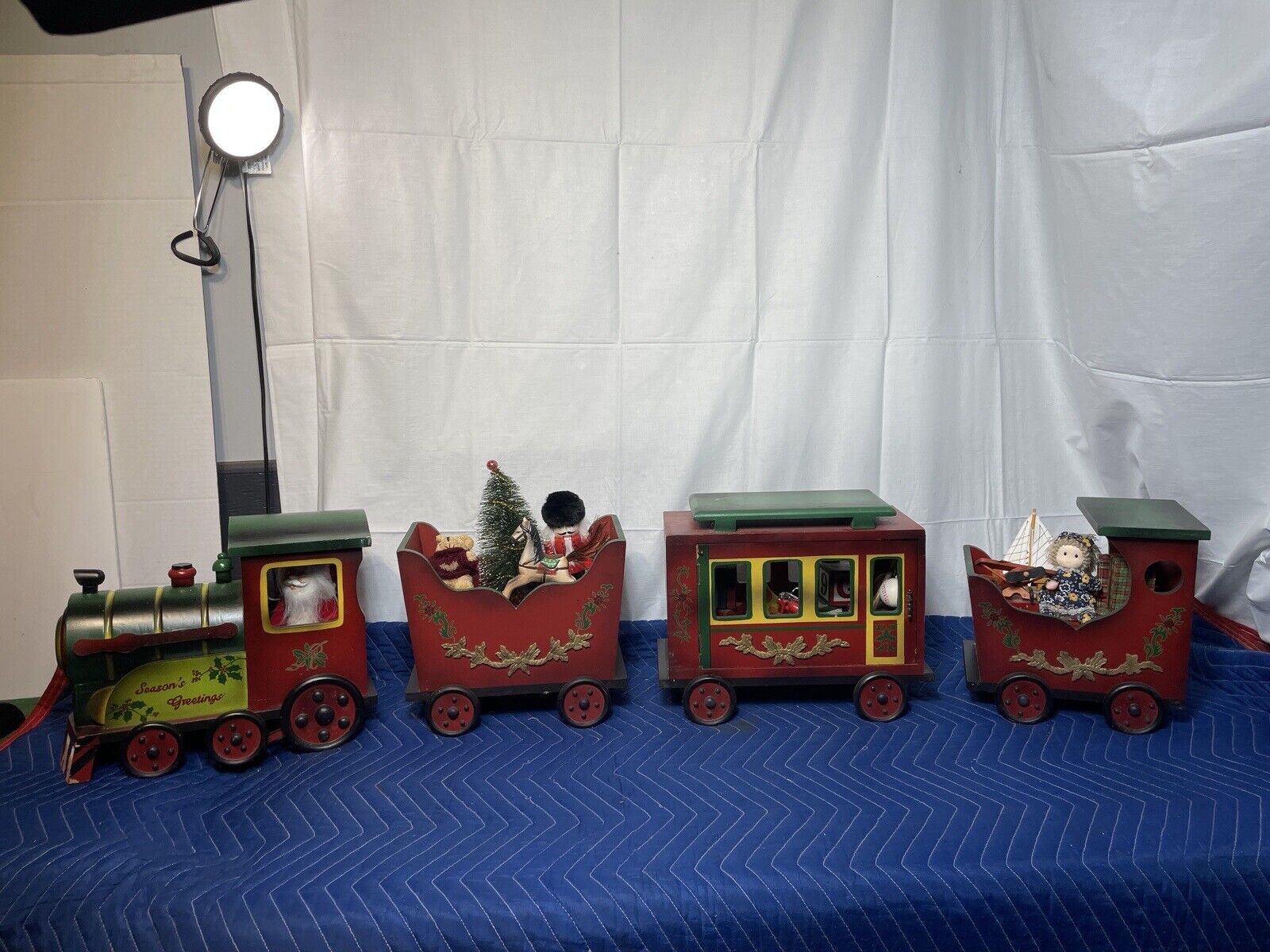 Vtg Burton and Burton 4 Piece Large Wood Santa Christmas Train Over 3 Ft Long