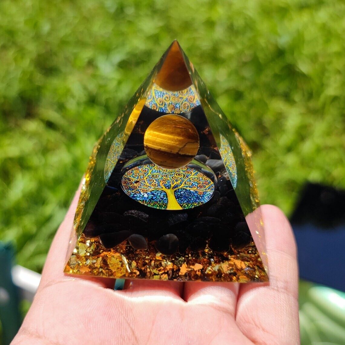 Tiger\'s Eye Sphere Pyramid Energy Chakra Reiki Amethyst Crystal Orgone Pyramid