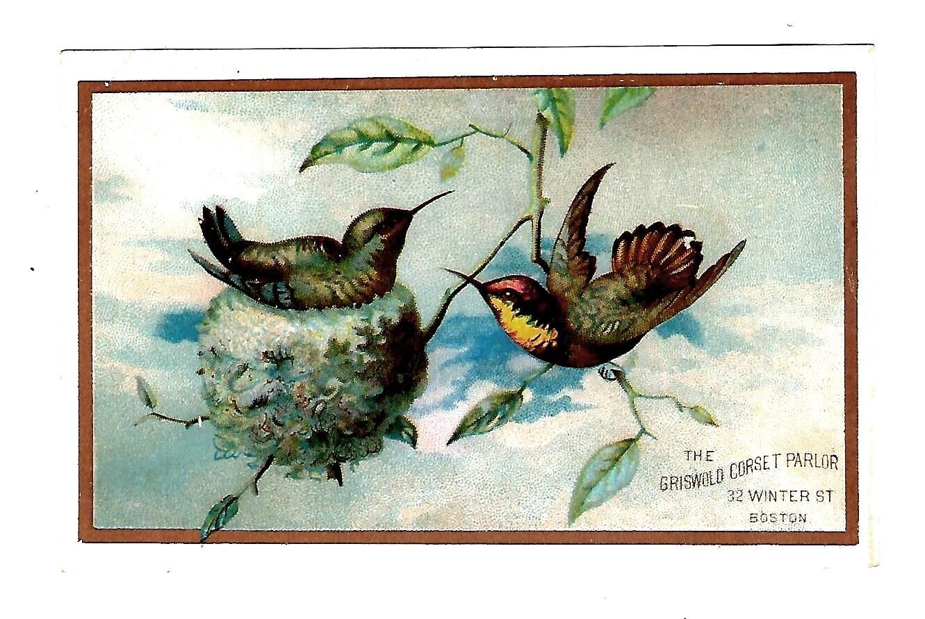 c1880's Trade Card Madame Griswold Corset Parlor, Boston, Robins Nesting