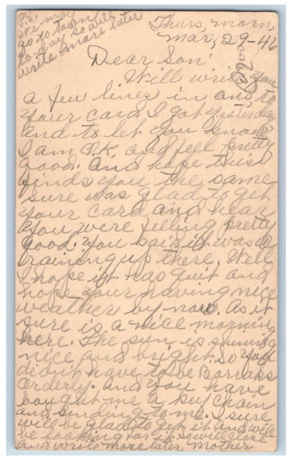 Floris Iowa IA Washigton Postal Card Letter to Son Telling Mother is Ok 1946