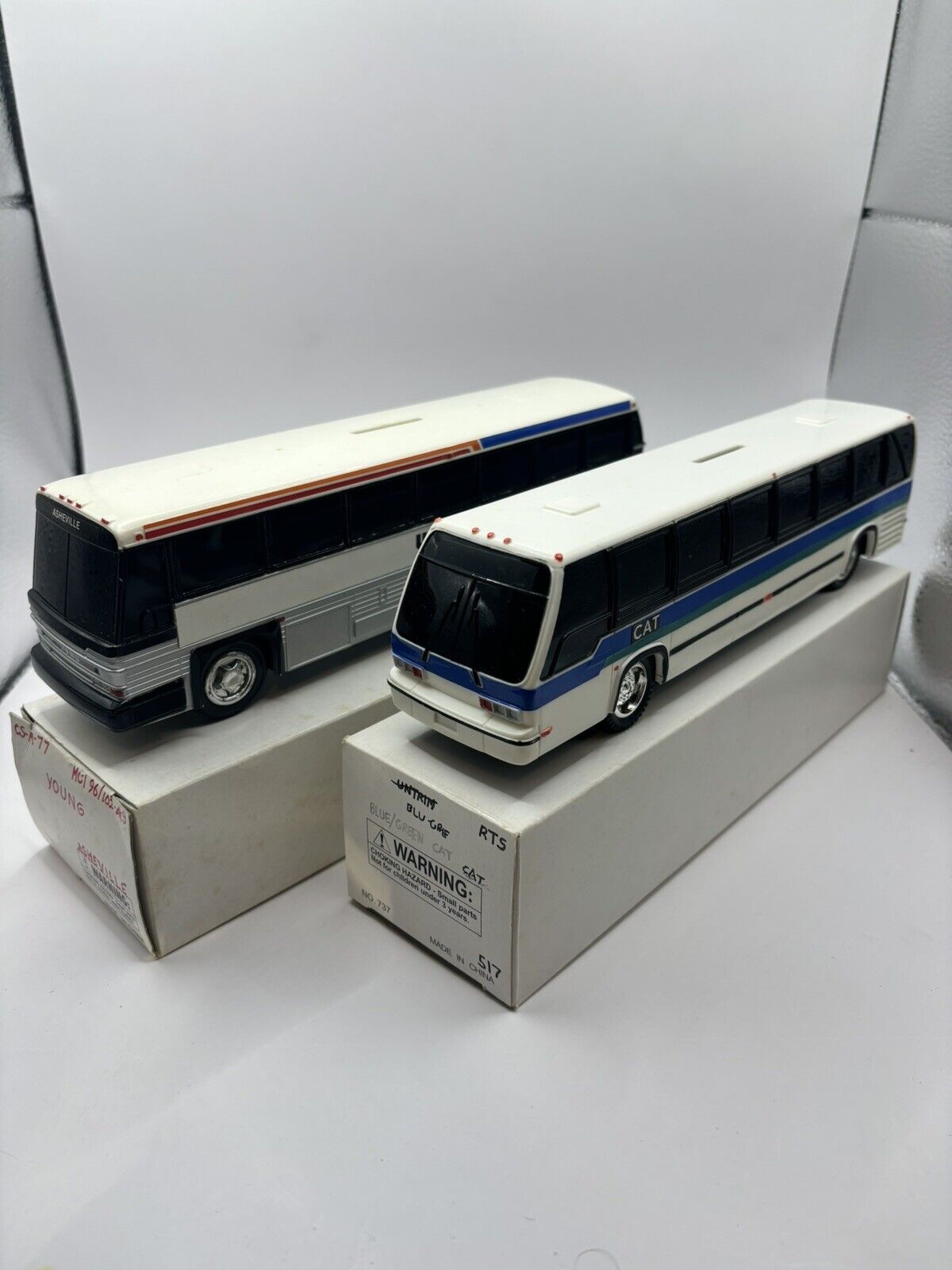 Vintage Bank Bus Plastic 9.5X2X2.75'' Lot ( Blue/ Green CAT & Young )