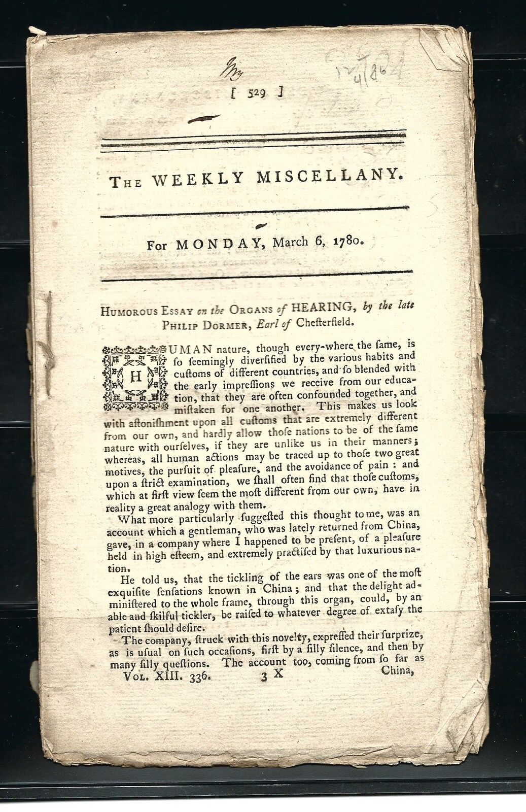 The Weekly Miscellany-Essay on the Organ of Hearing- 1780-15 Pages