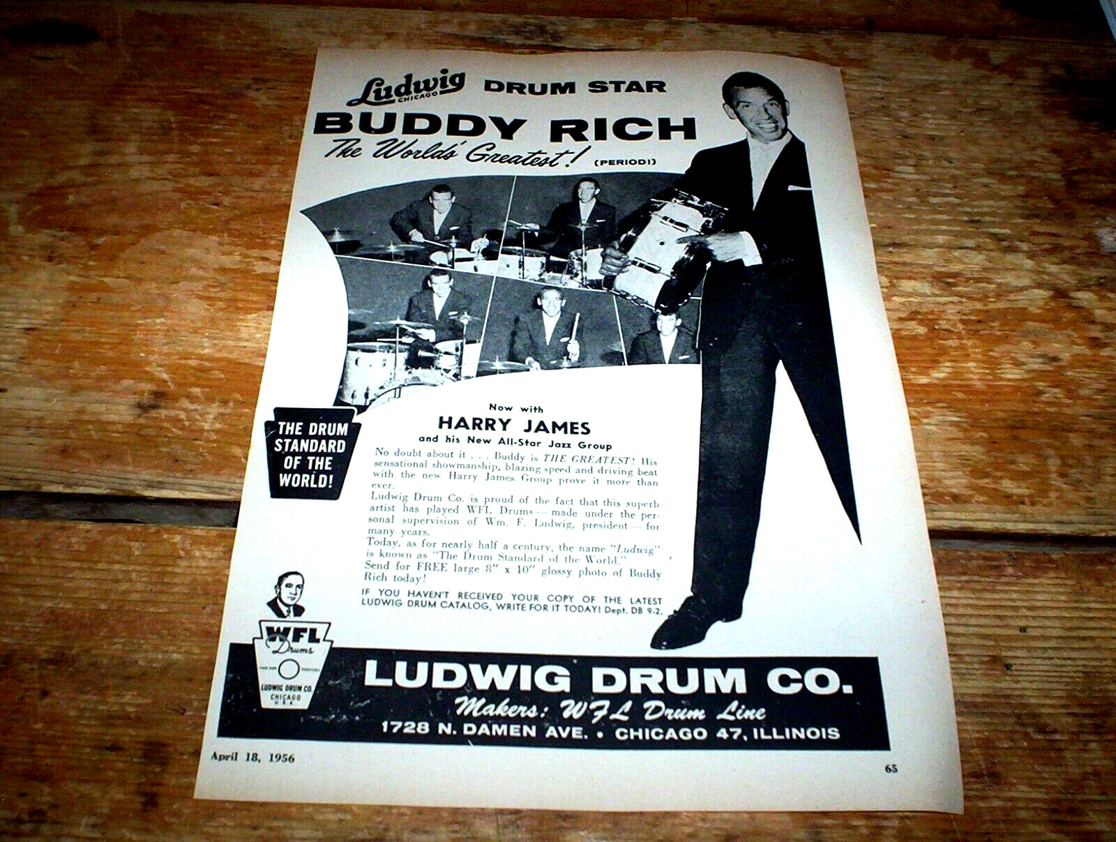 BUDDY RICH ( LUDWIG DRUM COMPANY ) 1956 Vintage U.S. magazine PROMO Ad NM-