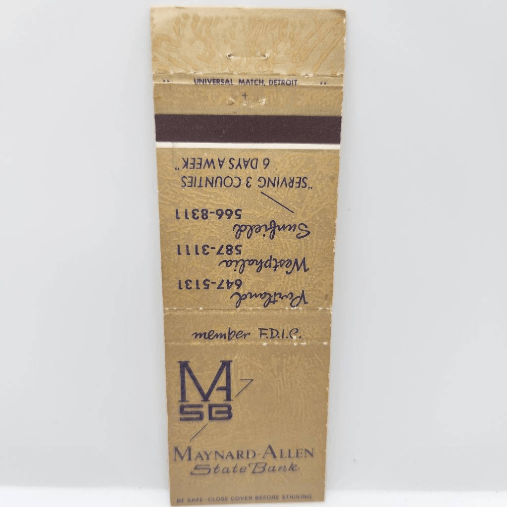 Vintage Matchcover Maynard Allen State Bank MI Portland Westphalia Sunfield