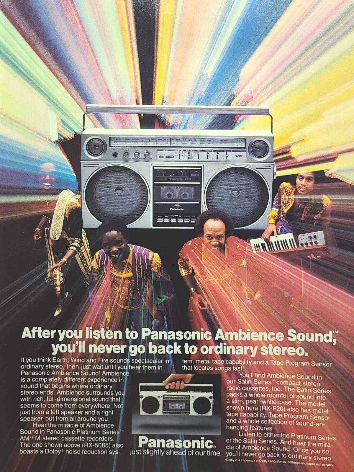Panasonic Boom Box AM/FM Stereo Cassette Earth Wind Fire Vintage Print Ad 1982 