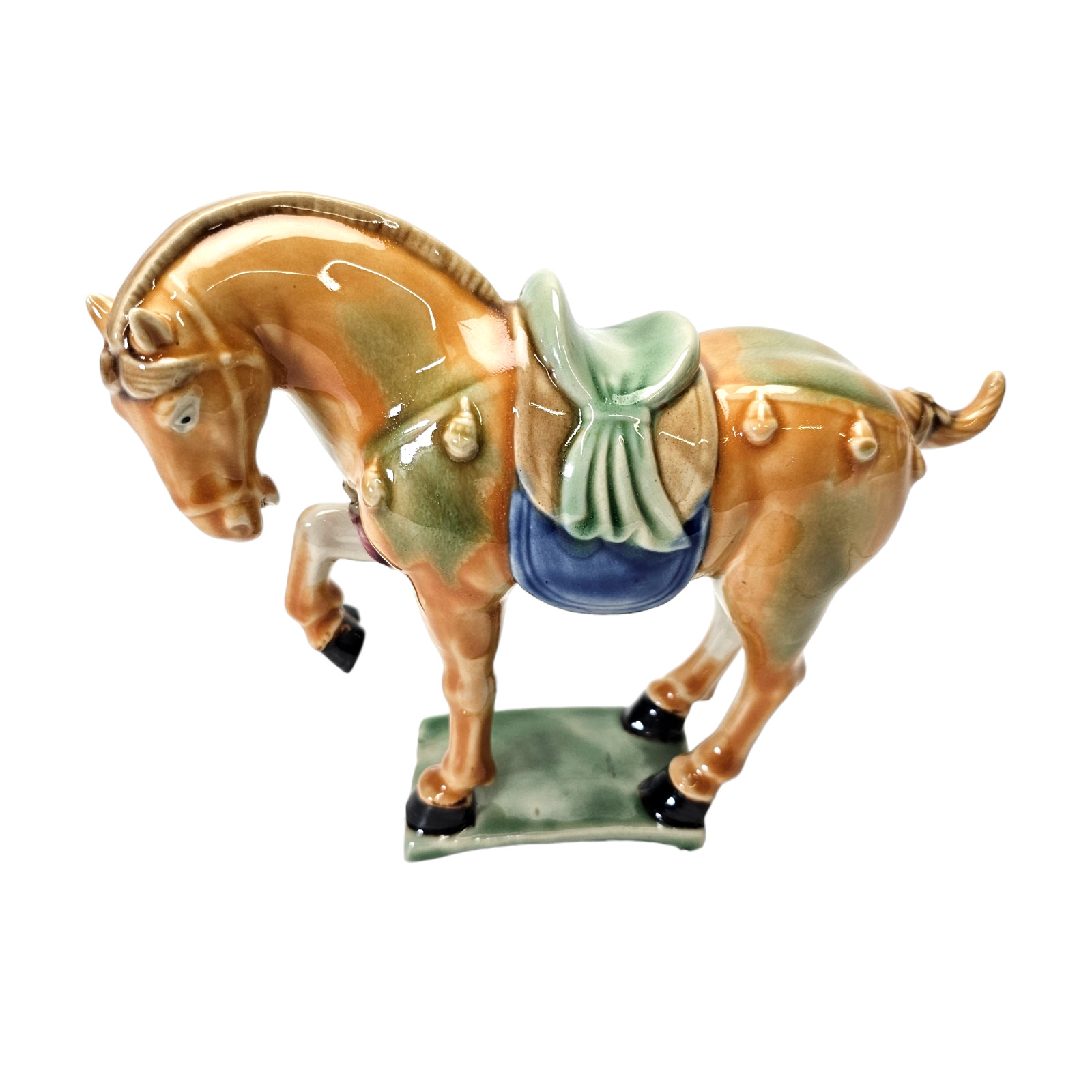 Vintage Glazed Ceramic Sancai Golden Horse Figurine Majolica Drip Glaze