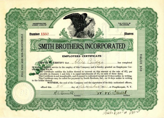 Smith Brothers, Inc. signed by Gradsons of the Inventors - Cough Drops Co. Stock