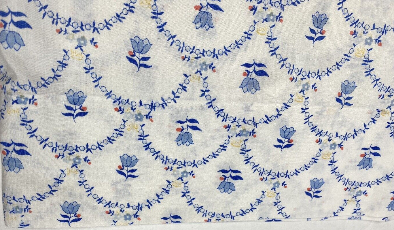 Vintage 60s Pair Pillowcases Percale White Blue Floral Pattern Print Cottagecore