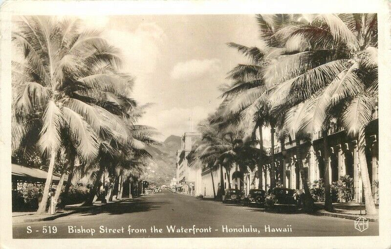 1937 Honolulu Hawaii Bishop Street Waterfront RPPC Photo Postcard 22-11256