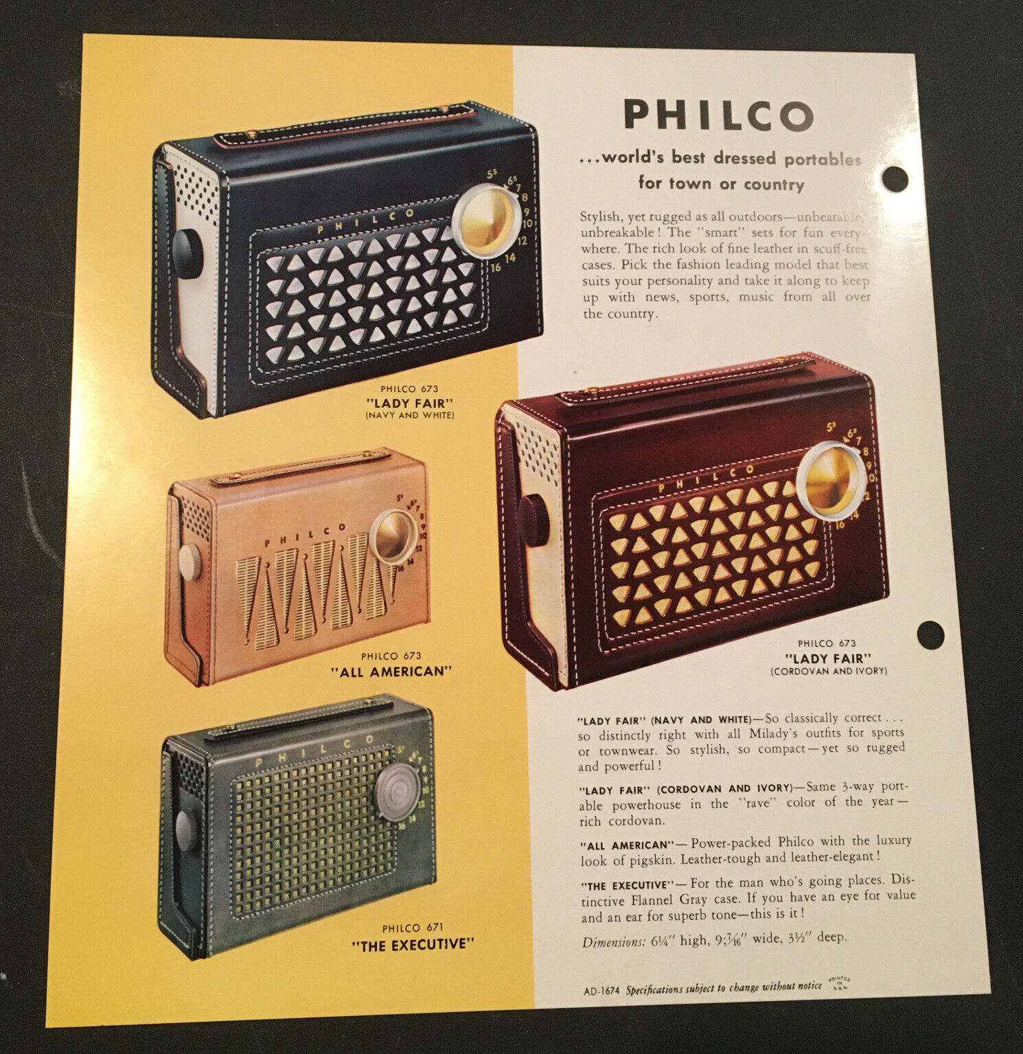 Original Philco Saddle Mate Portable Radio Sales Brochure Leather