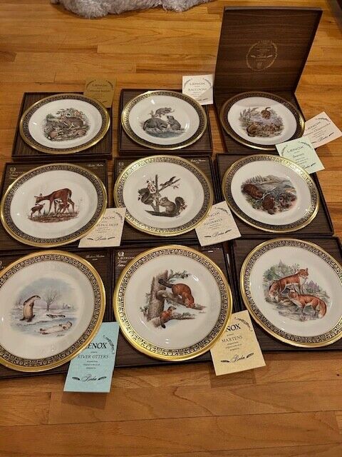 Lot of 9 LENOX BOEHM WOODLAND WILDLIFE Plates w/Boxes & Plate Stands
