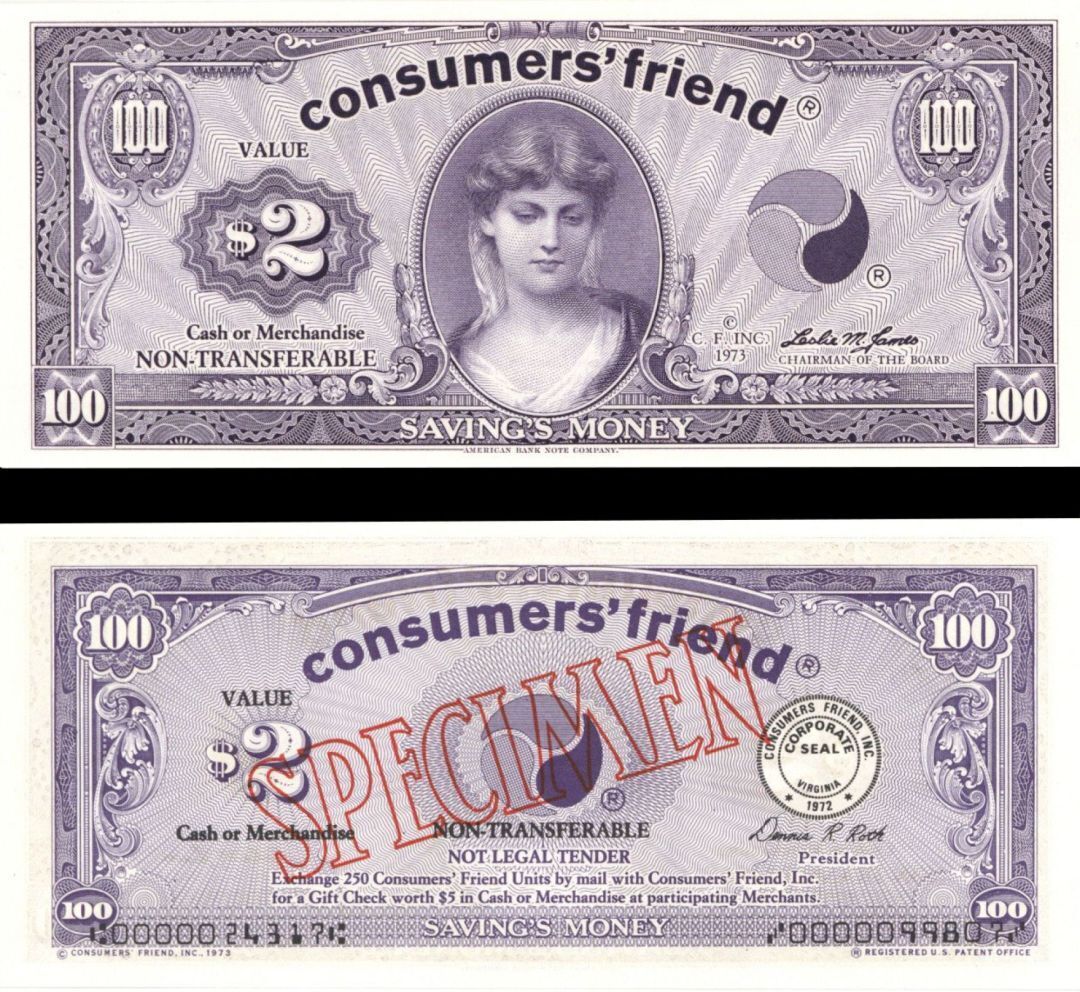 Consumers\' Friend Savings Money - dated 1972 American Bank Note Specimen - Like 
