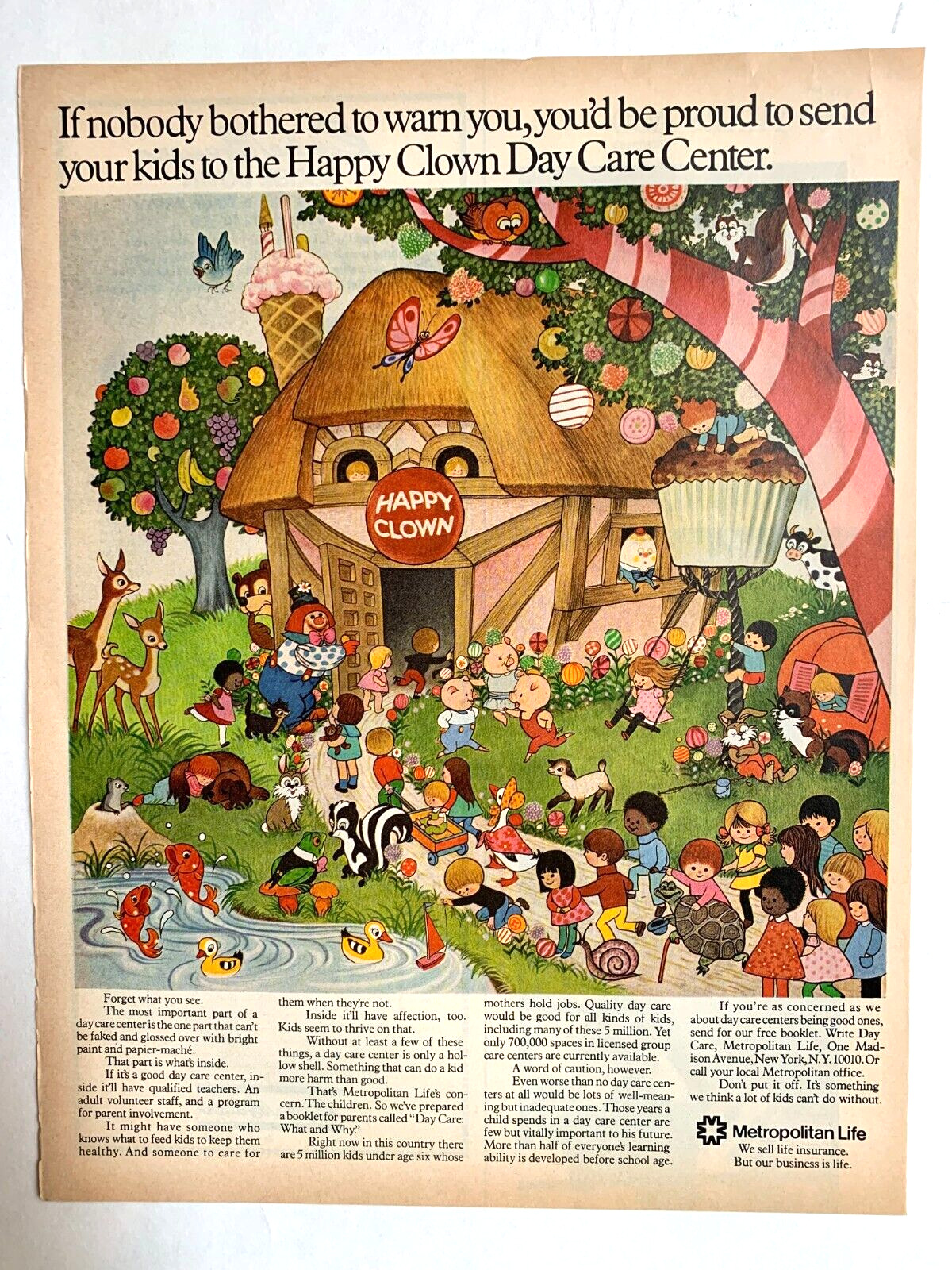 1972 Print Ad  Metropolitan Life 13in x 10 in Happy Clown Day Care Center