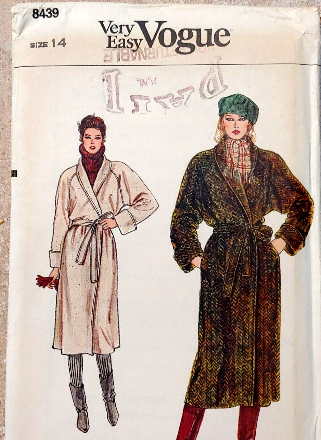 Vintage Very Easy VOGUE 8439 Wrap Coat Size 14 Bust 36 Mid Knee or Mid-calf.