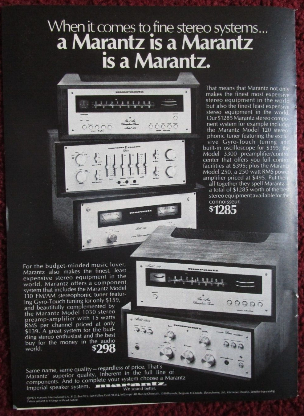 1972 MARANTZ Model 120, 250, 1030, 3300 Stereo Component Print Ad ~ Fine Systems