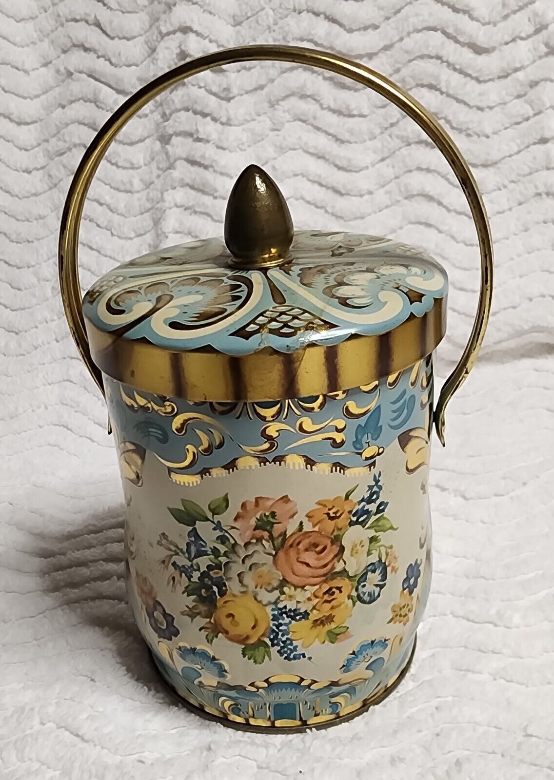 VINTAGE Murray Allen REGAL CROWN MultiUse Floral Tin w/Lid & Handle ENGLAND Made
