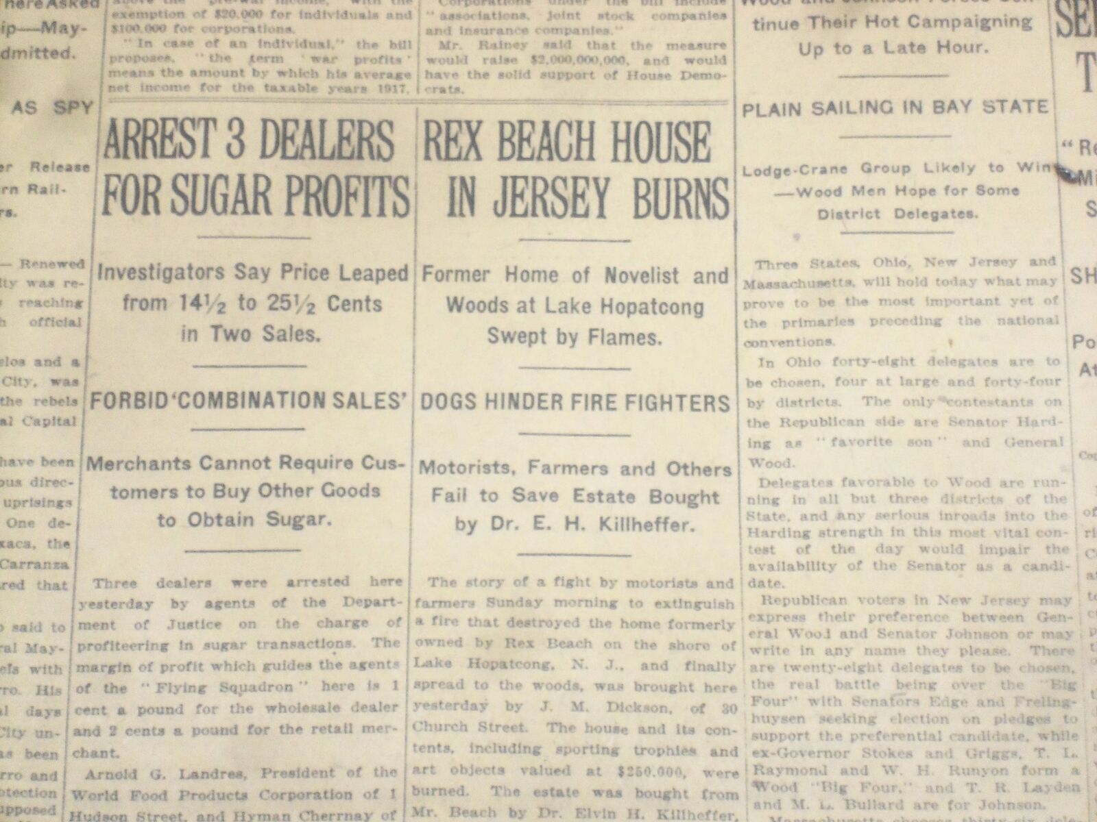 1920 APRIL 27 NEW YORK TIMES - REX BEACH HOUSE BURNS IN NEW JERSEY - NT 8292