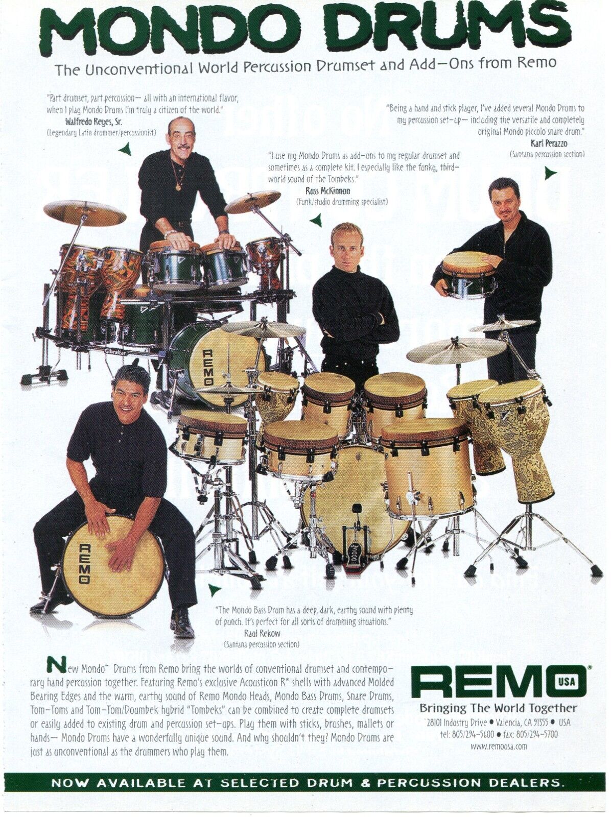 1997 Print Ad of Remo Mondo Drums w Karl Perazzo, Raul Rekow, Walfredo Reyes
