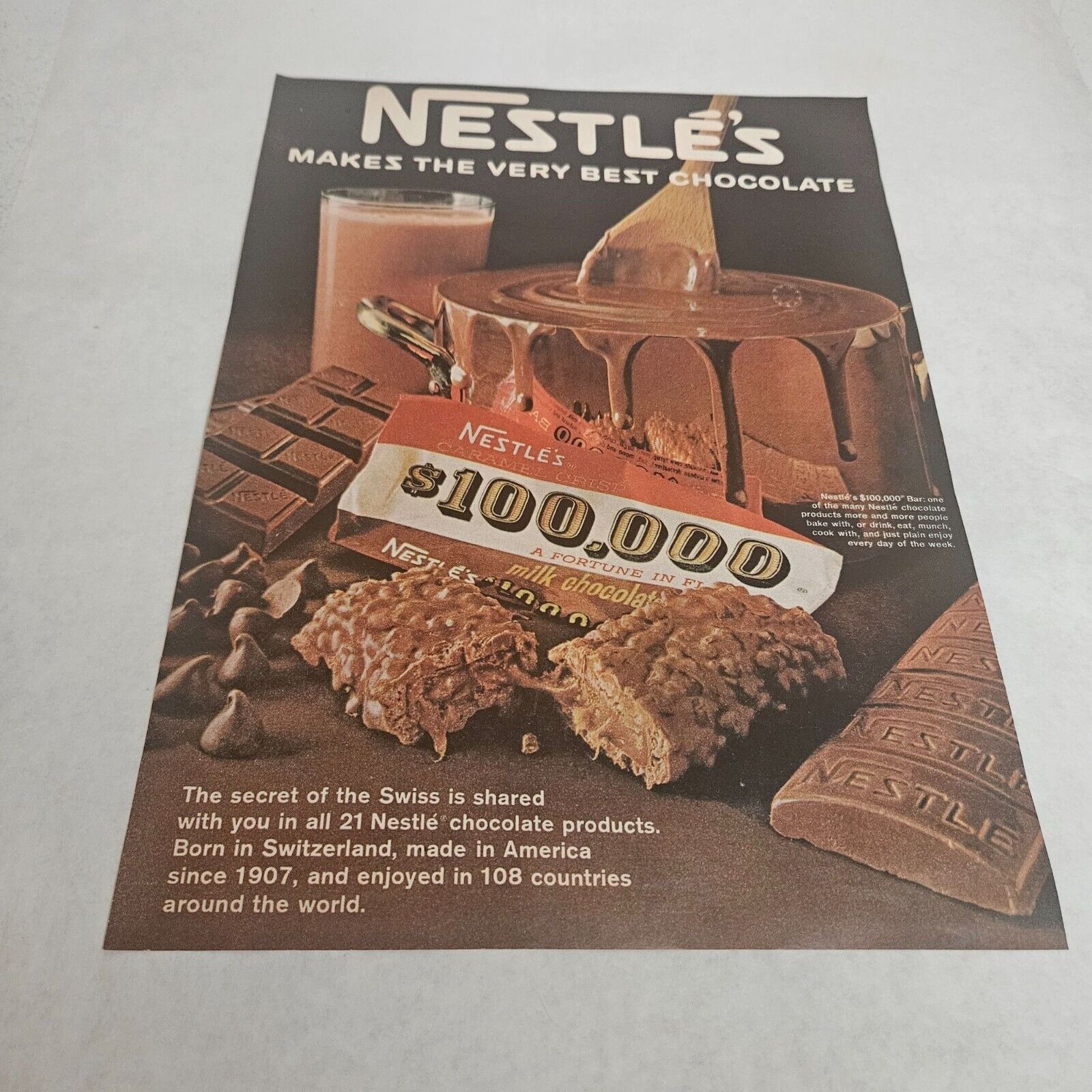 Nestle's Makes the Very Best Chocolate $100,000 Bar Vintage Print Ad 1968