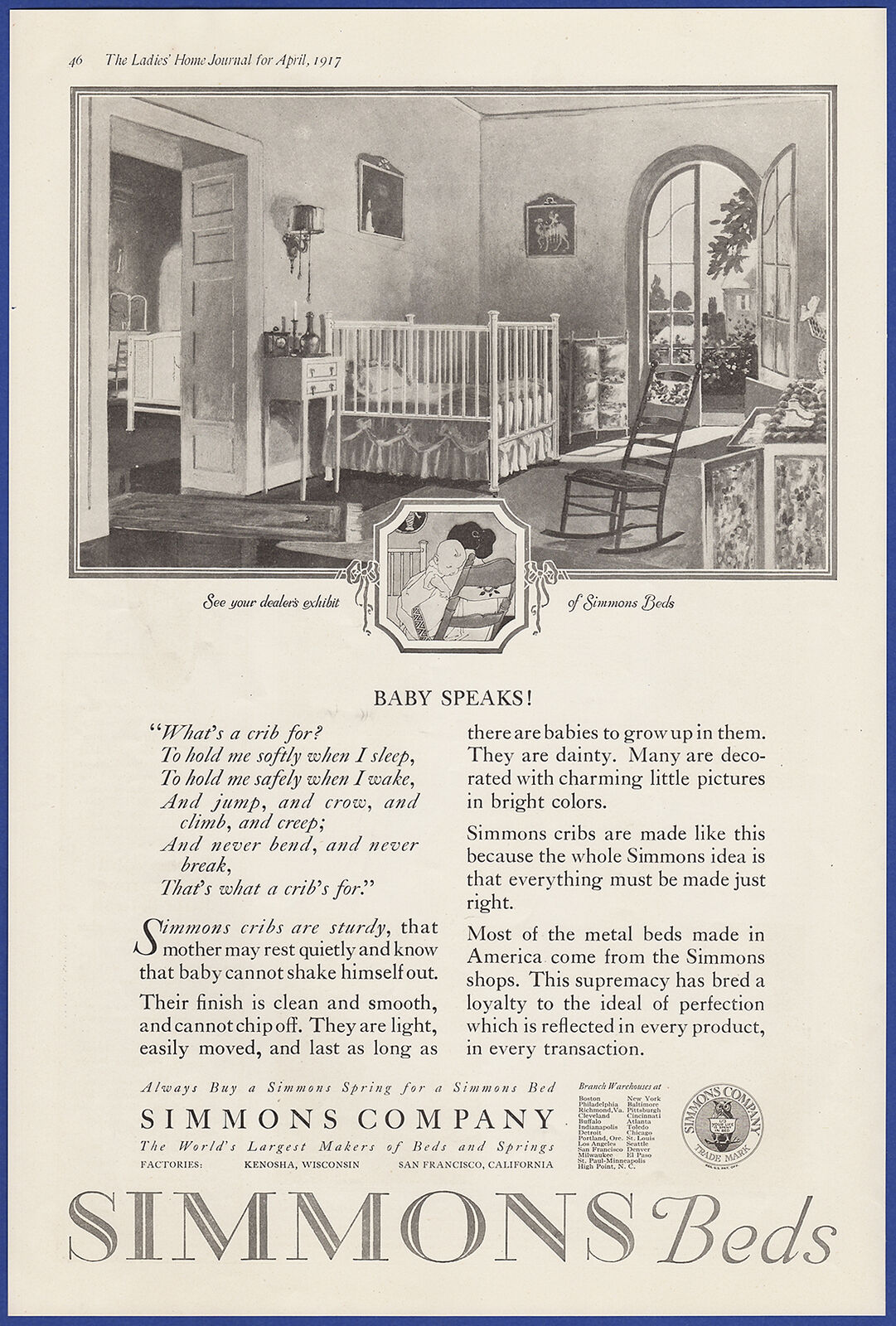 Vintage 1917 SIMMONS Beds Baby Cribs Ephemera Kenosha WI Print Ad