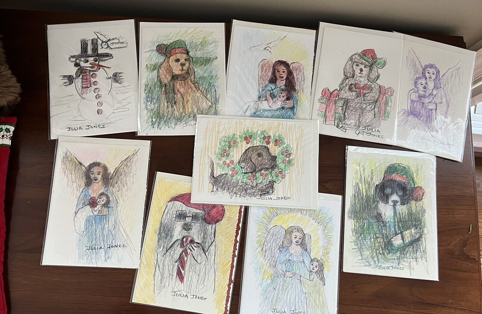 Original Art Christmas Cards W/Envelopes (10) Signed Dogs, Angels Frameable Art