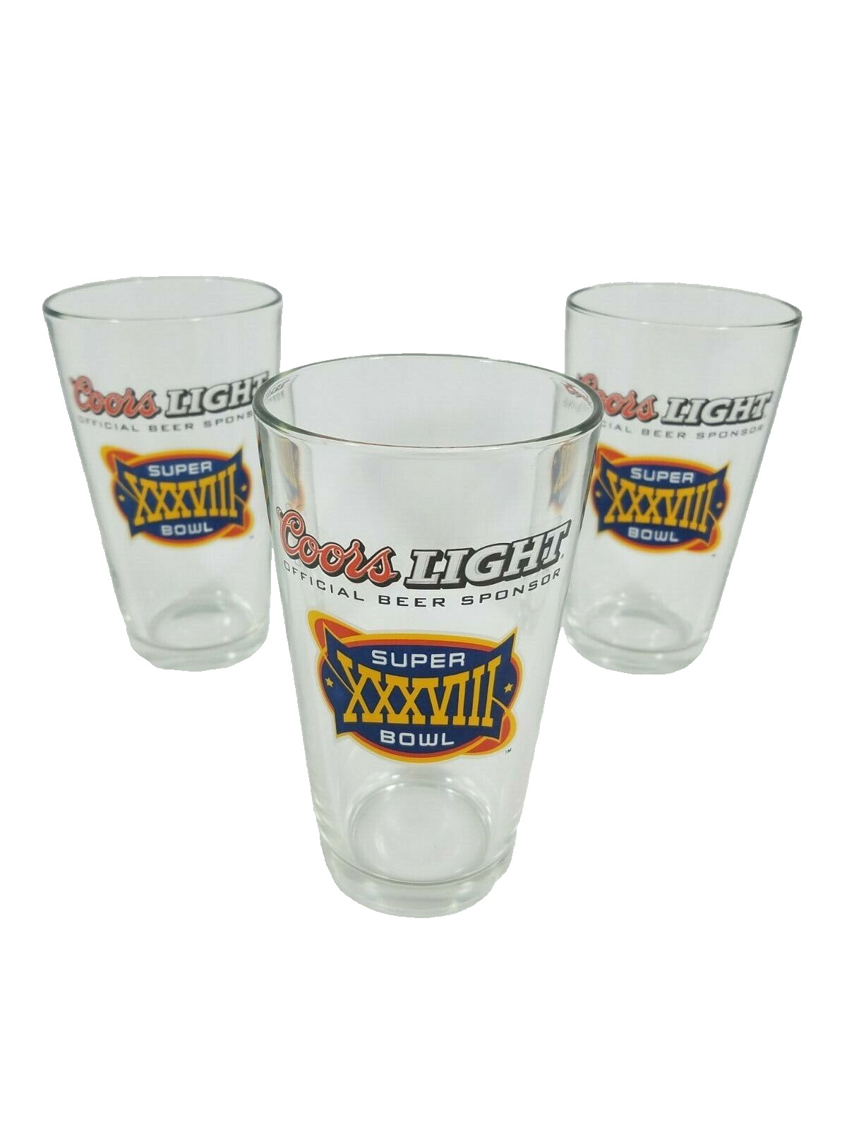 Super Bowl XXXVIII Coors Light Beer 16 oz Pint Glasses Panthers Patriots 2004