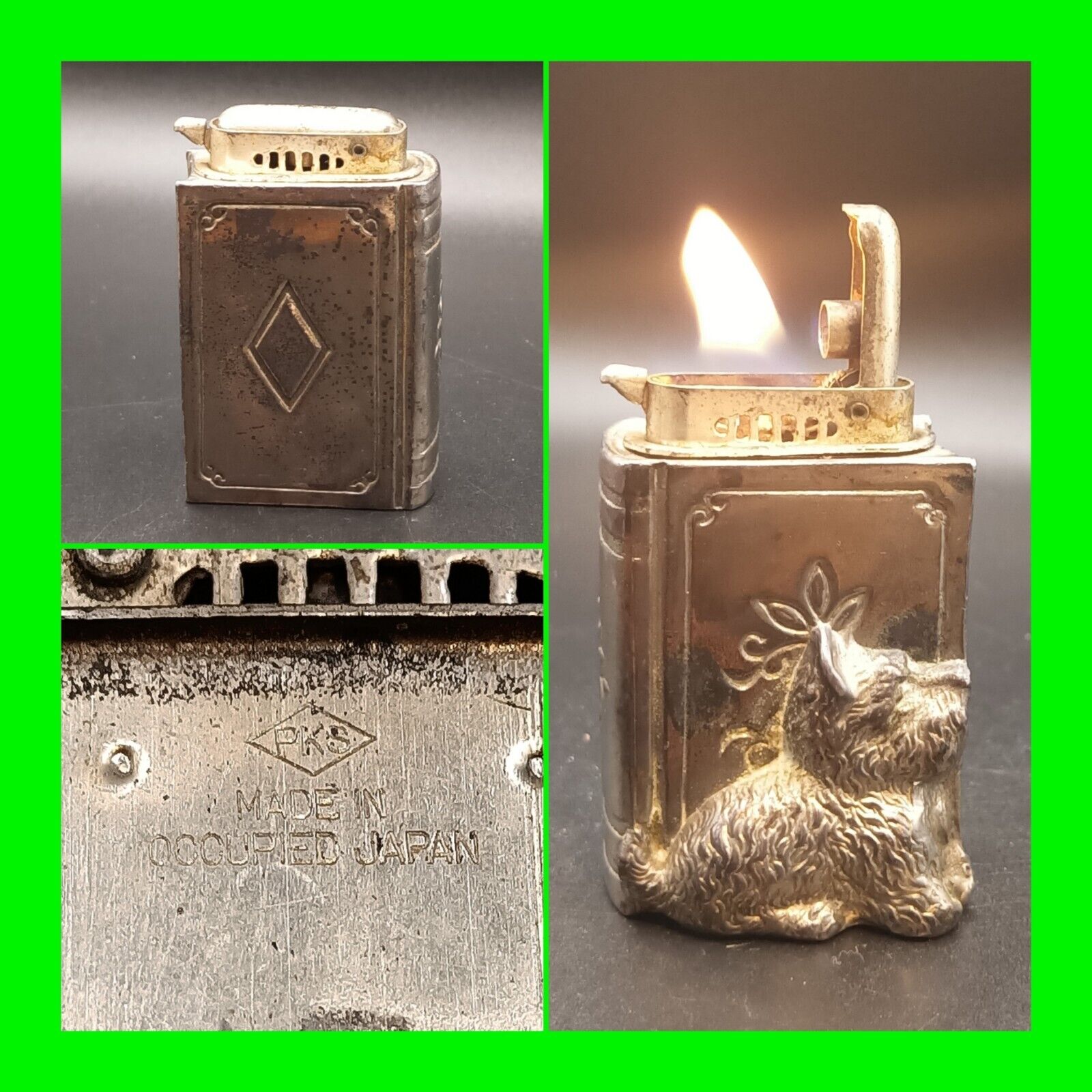 Rare Vintage PKS Silver Plated Scottish Terrier Push Button Table Lighter Workin