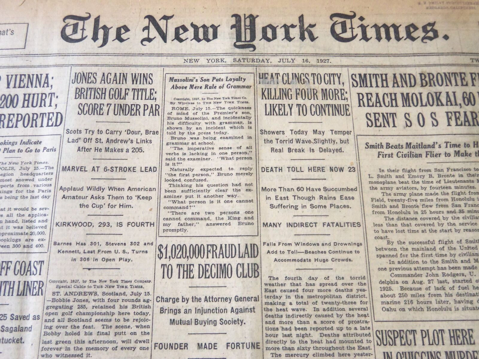 1927 JULY 16 NEW YORK TIMES - JONES AGAIN WINS BRITISH GOLF TITLE - NT 6357