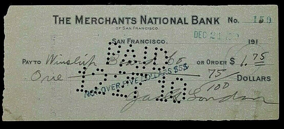 AUTHENTIC AUTHOR JACK LONDON  SIGNED CHECK 1910 - ENDORSED BY E.D. (NED) BEARD