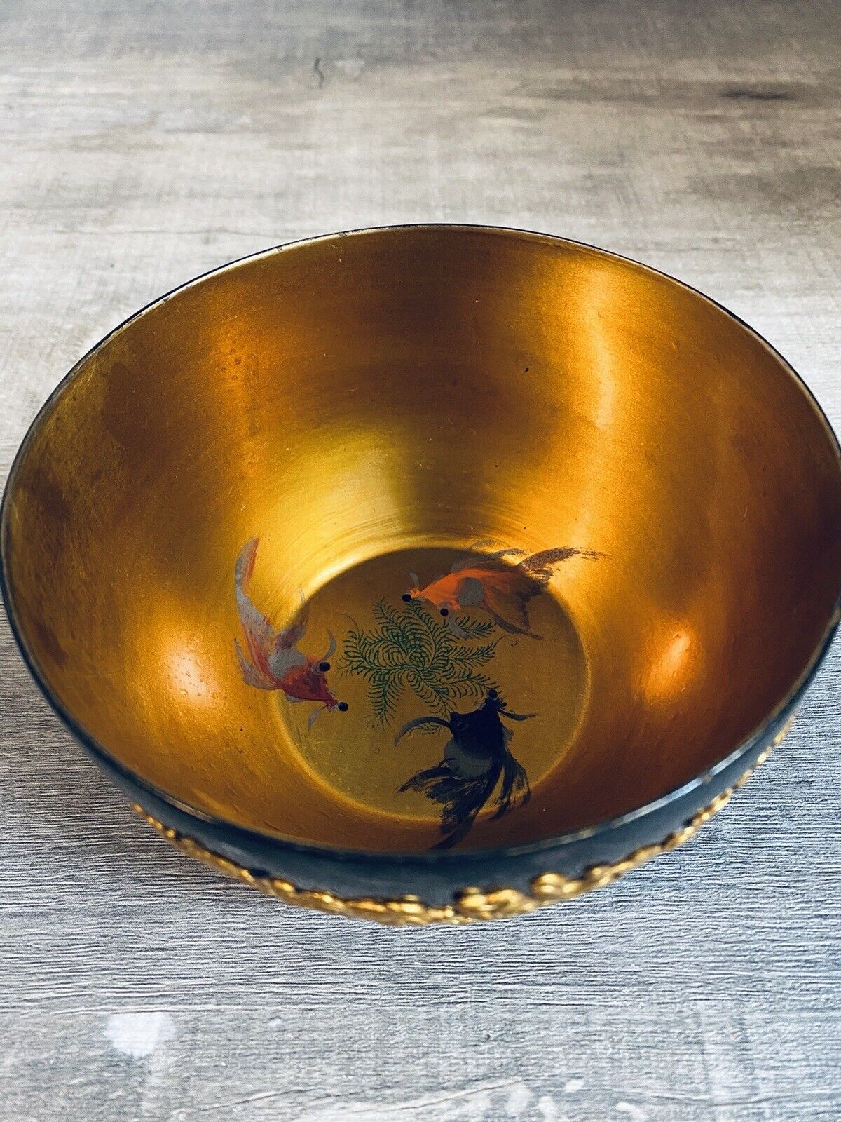 Vintage Chinese Foochow Lacquer Bowl with Hand Painted Goldfish 