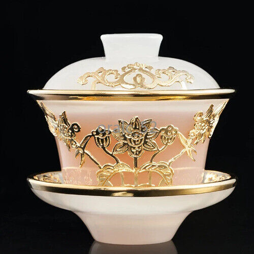 Chinese Kung Fu Tea Set Gold Inlaid Jade Glazed Jade Porcelain Gaiwan Tea Cup