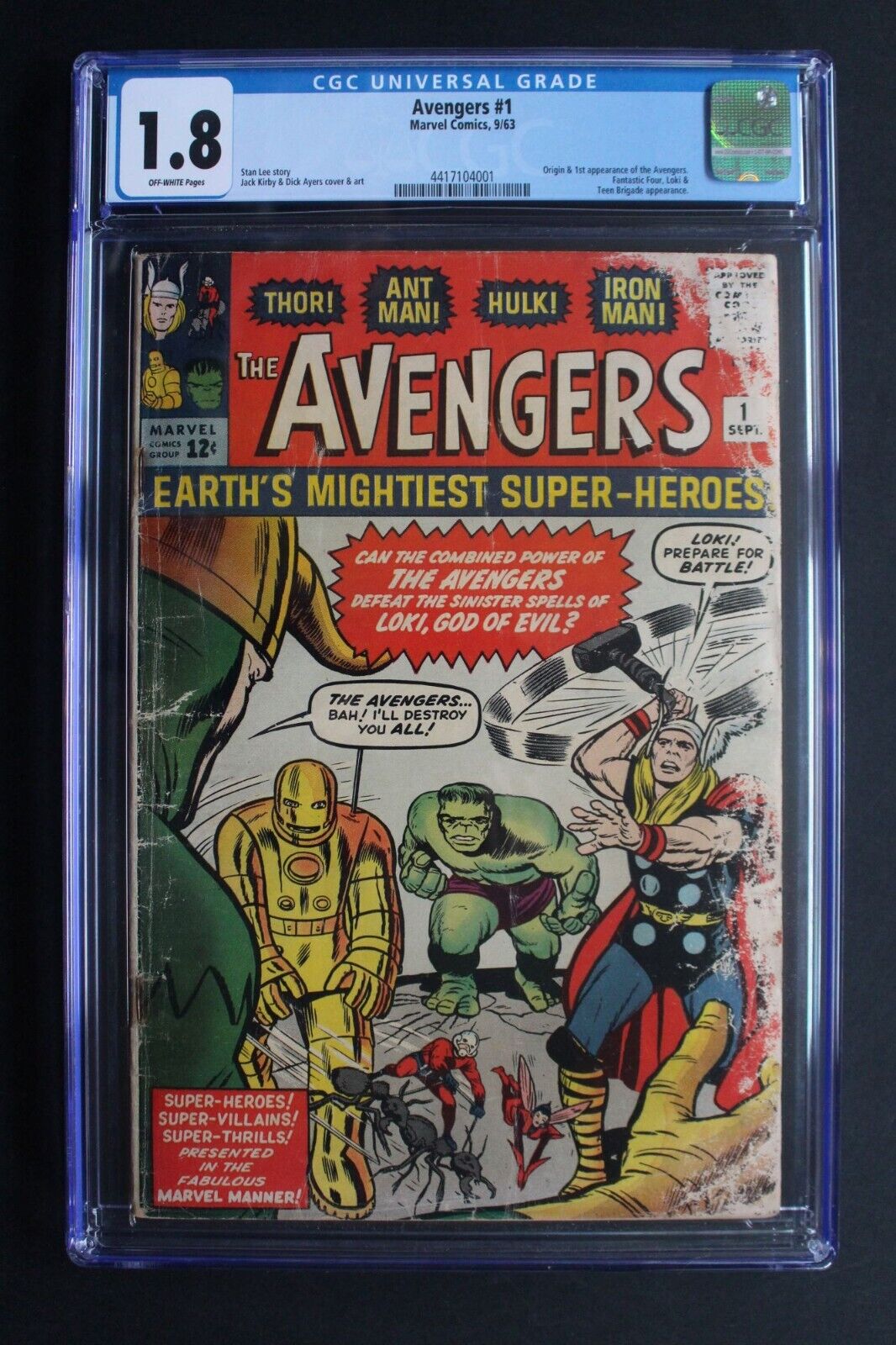 Avengers #1 Origin 1st Team THOR Ant-Man HULK Wasp IRON MAN 1963 FF Loki CGC 1.8