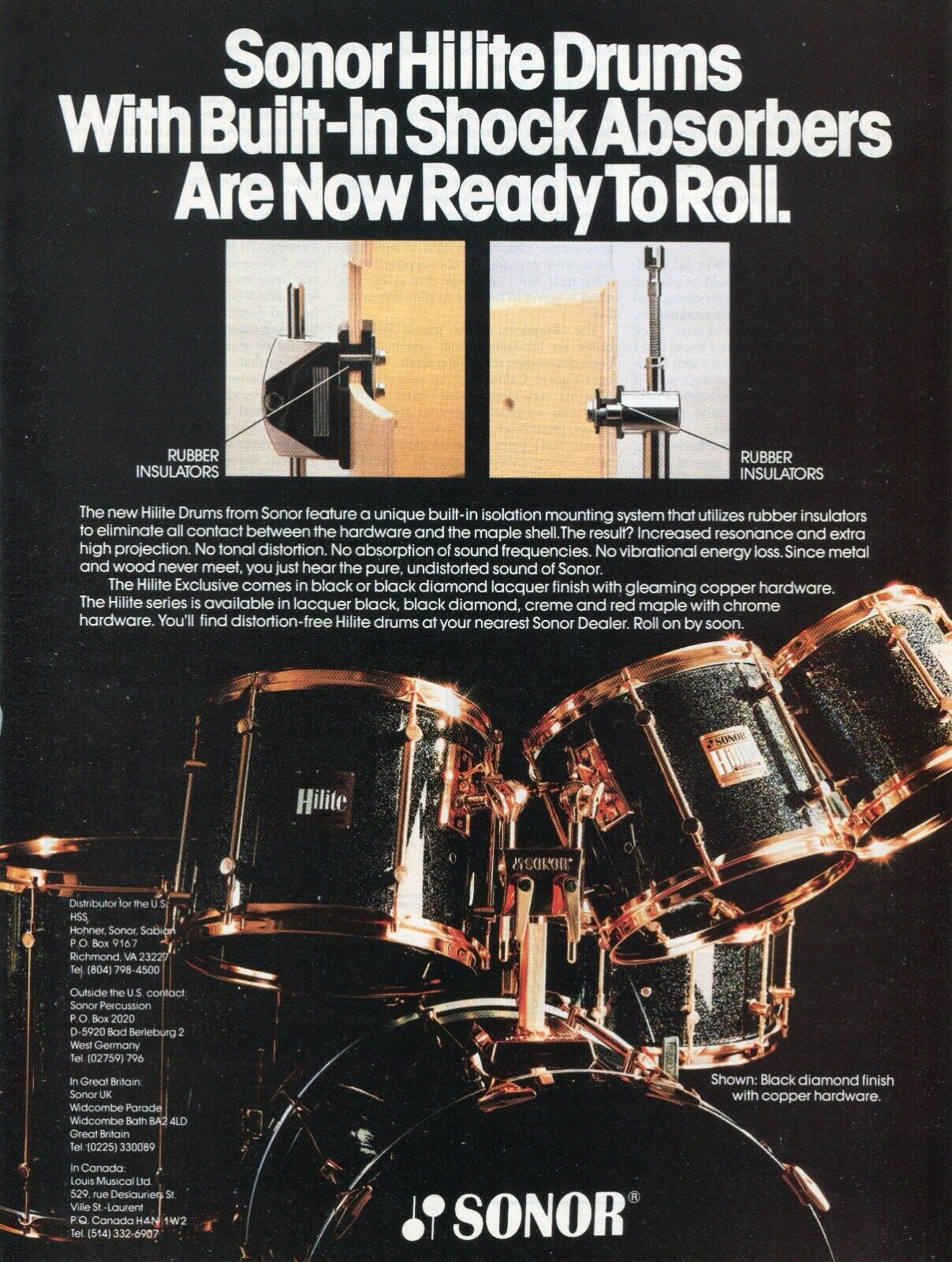 1988 Print Ad of Sonor Hilite Drum Kit Black Diamond Lacquer Copper Hardware