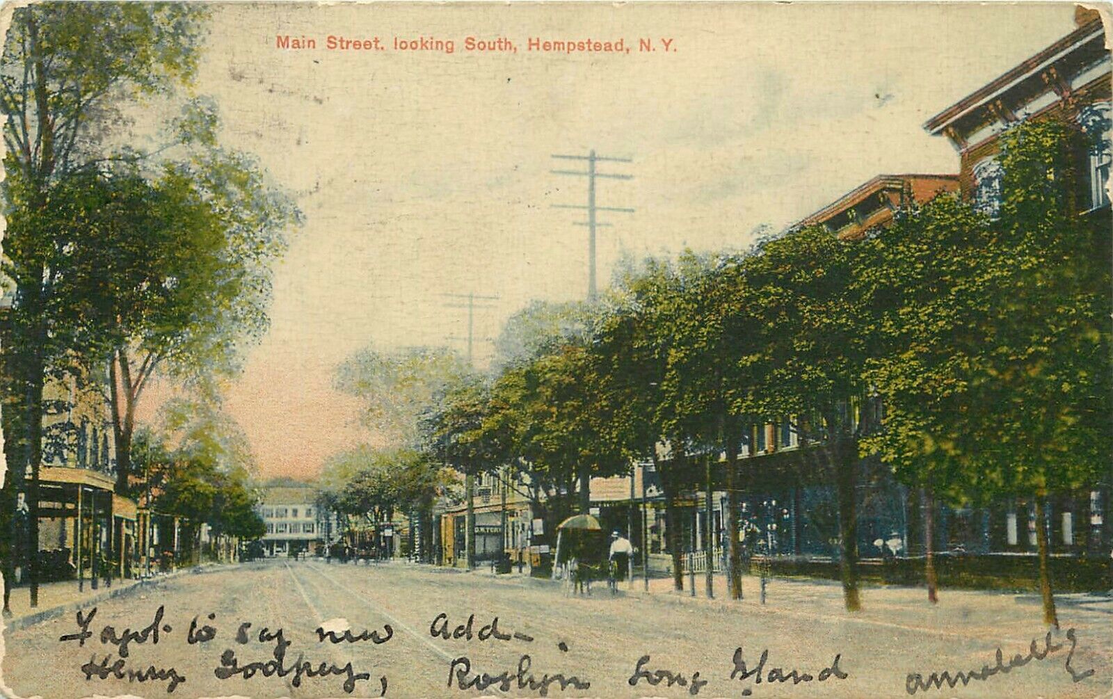 1908 Main Street Looking South, Hempstead, New York Postcard