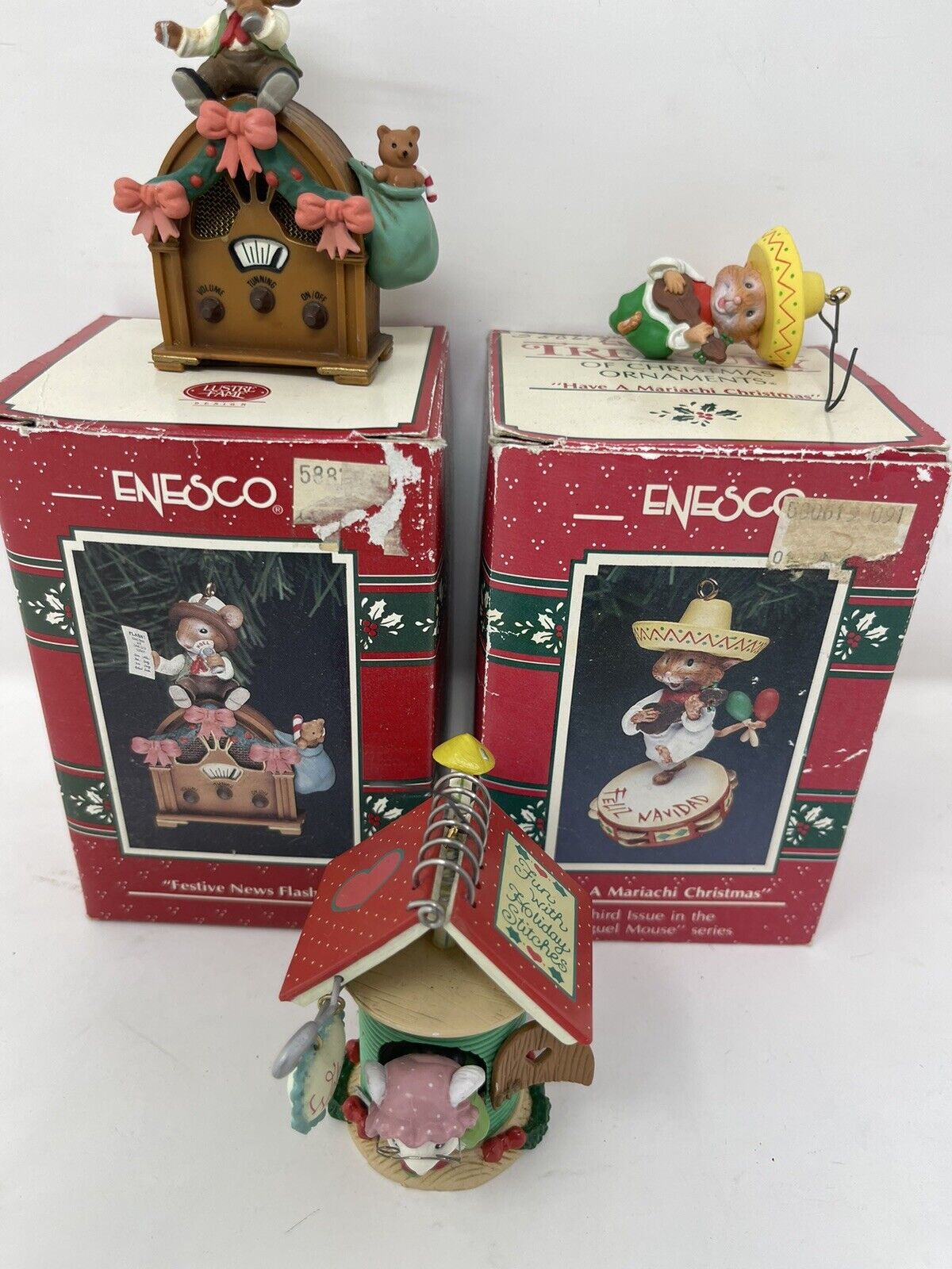 Enesco Mice Mouse Ornaments Vintage 3 (1 Partial) Festive News Flash EB-0052